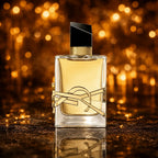Yves Saint Laurent Libre Eau de Parfum, rektangulær klar glasflakon med bleg gylden duft, stort guld YSL-logo på forsiden og sort kantet låg, centreret på mørk våd stenoverflade med spejling, varme amber bokeh lys i baggrunden