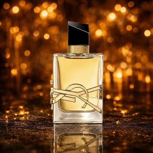 Yves Saint Laurent Libre Eau de Parfum, rektangulær klar glasflakon med bleg gylden duft, stort guld YSL-logo på forsiden og sort kantet låg, centreret på mørk våd stenoverflade med spejling, varme amber bokeh lys i baggrunden
