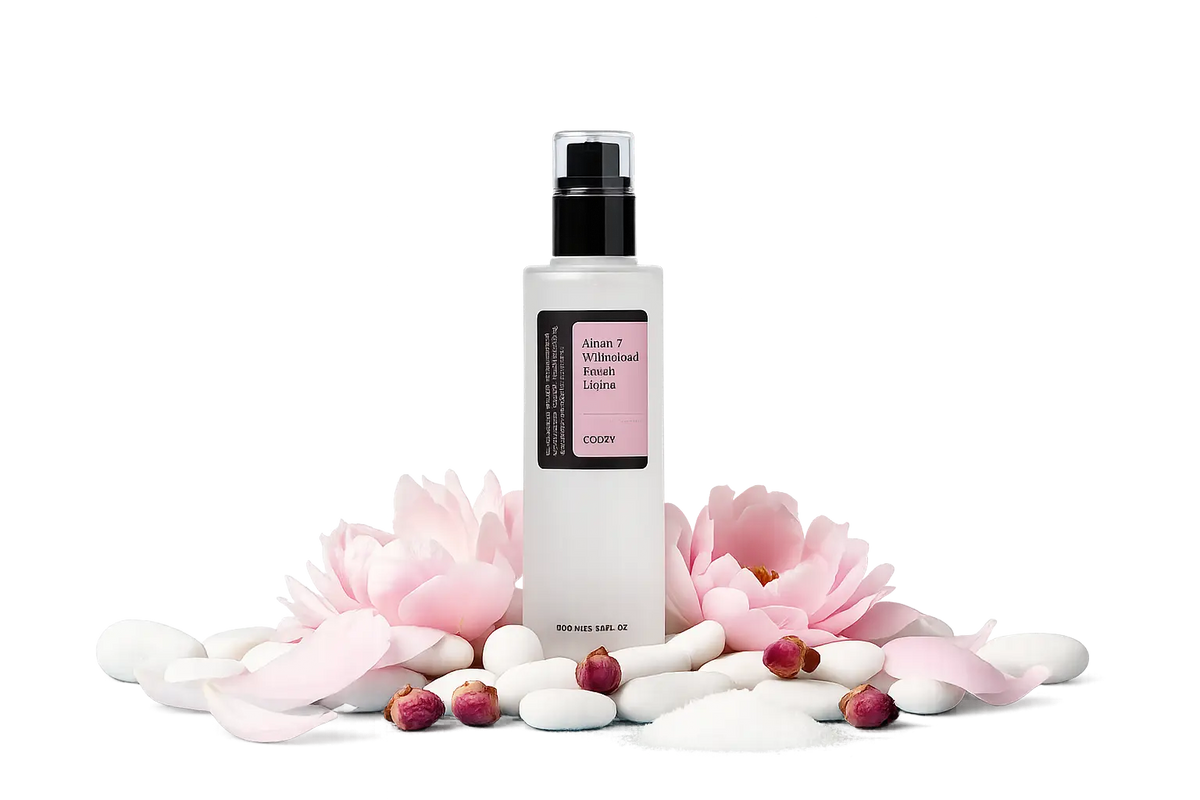 COSRX AHA 7 Whitehead Power Liquid. Frosted hvid flaske med sort pumpe og sort/lyslilla label. Stående på hvide marmorkugler med lyserøde pæonblade, tørrede rosenknoppar og hvide sten.