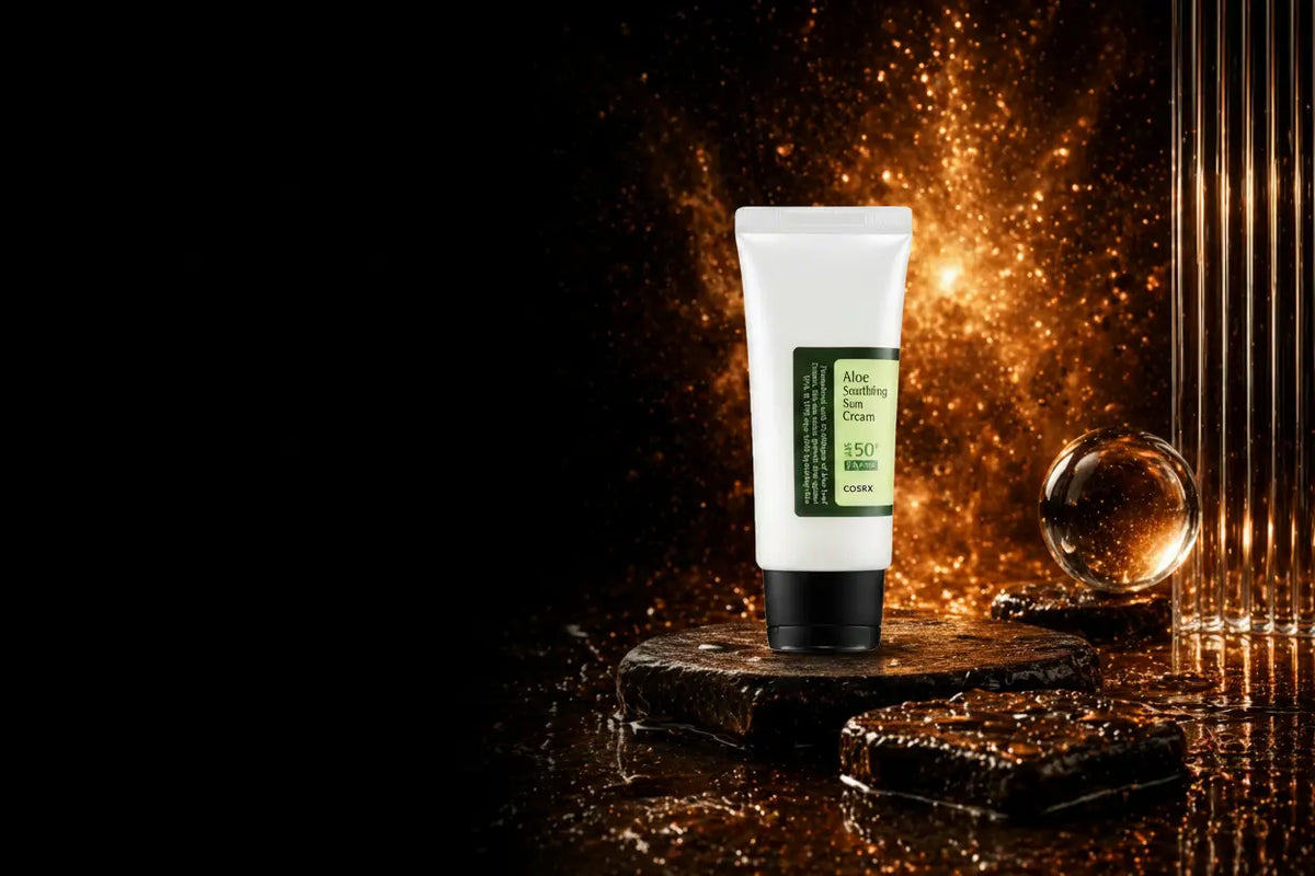 COSRX Aloe Soothing Sun Cream SPF 50+ PA+++. Hvid tube med sort låg og grøn label. Stående på våd mørk stenpodium. Gylden amber gnisteksplosion, ribbet glassøjle og krystalkugle til højre.