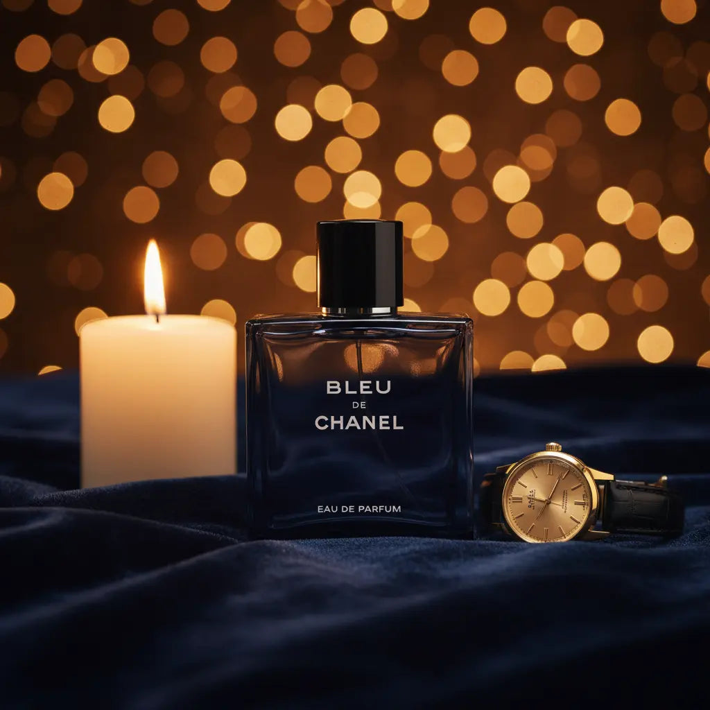 Chanel Bleu de Chanel Eau de Parfum. flakon placeret på sort marmorbord 