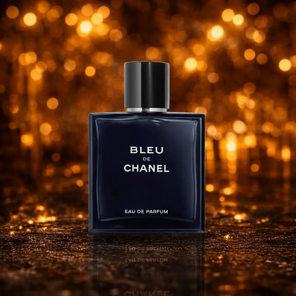 Chanel Bleu de Chanel Eau de Parfum. flakon placeret på sort marmorbord 