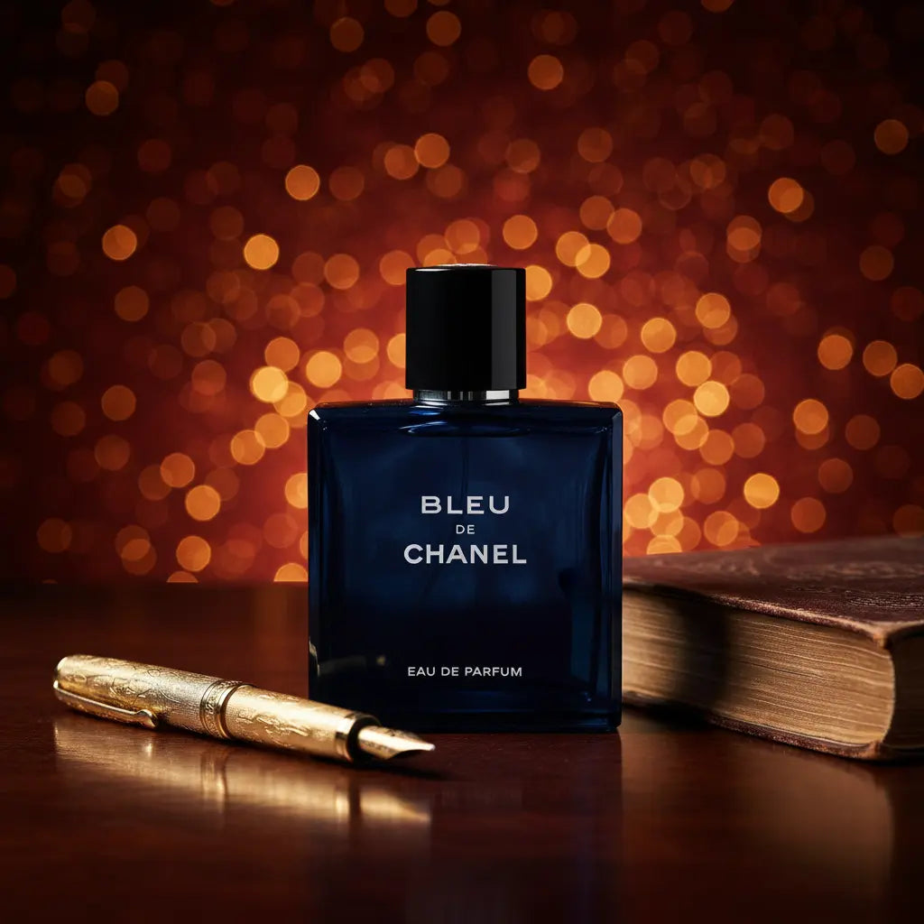 Bleu de Chanel Eau de Parfum mørkeblå flakon på mørkt mahognibord med guldpen og læderbound bog.